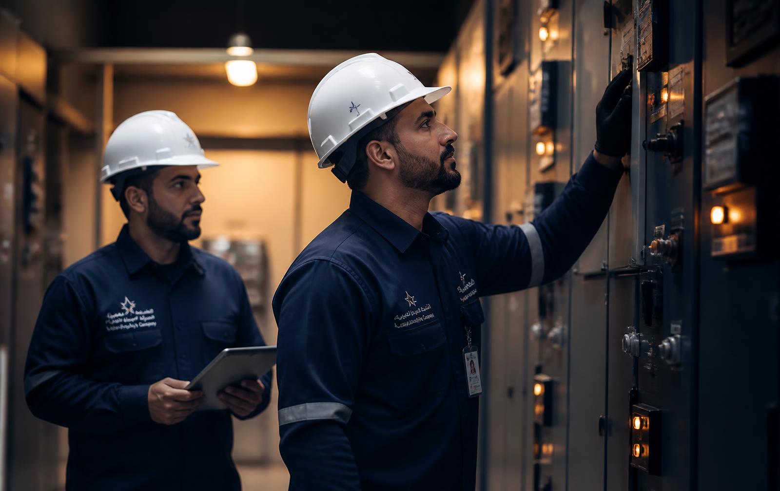 EVA TAQA engineers inspecting electrical switchgear
